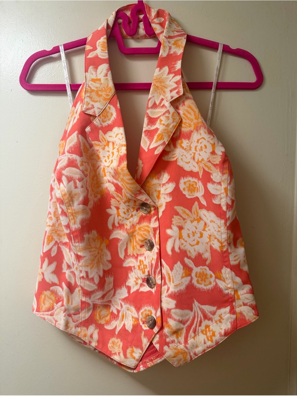 Coral Floral Halter Button-Front Women's Top